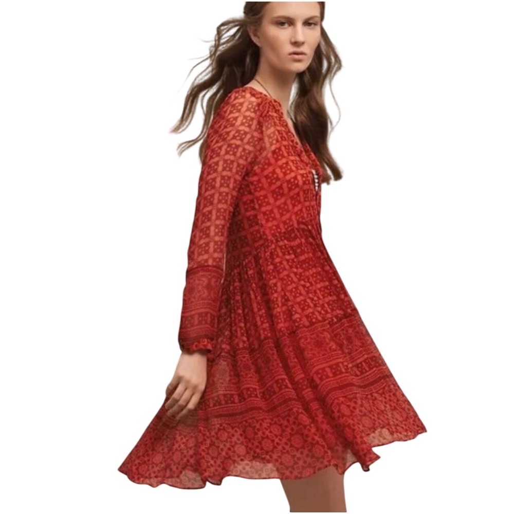 Maeve Red Boho Print Tiered Dress Long Sleeve‎ V Neck Button